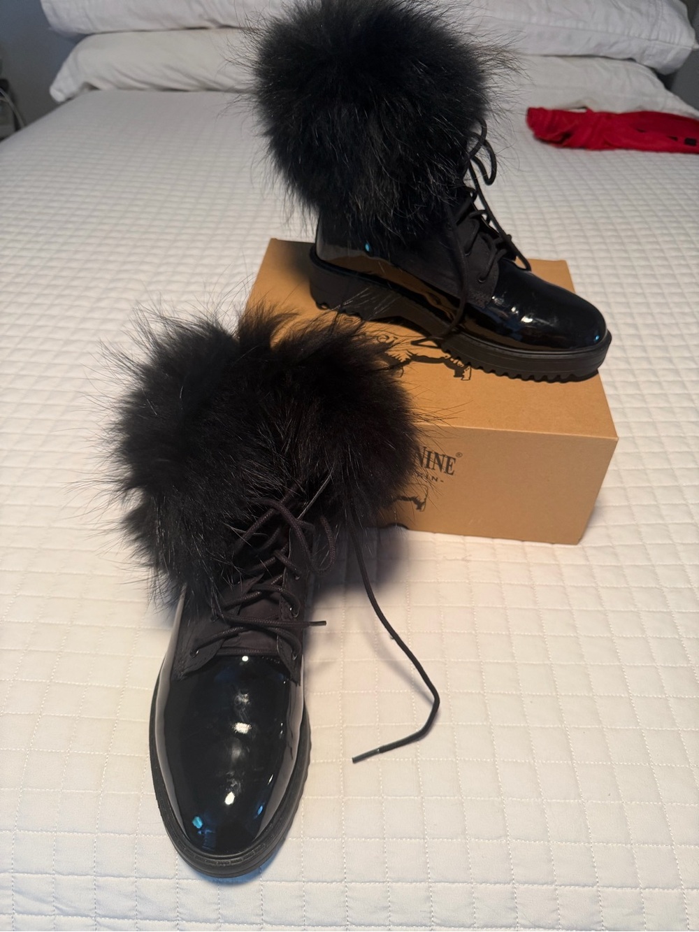 Patent Lace-Up Women's Black Fur-Trim Boots - Picture 2 of 6